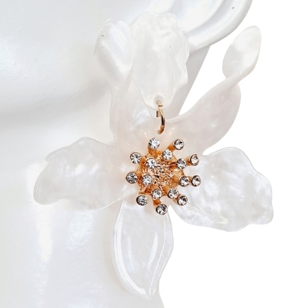 Gold White Flower Statement Earrings Oversized Rhinestone Bridal Formal Wedding - Picture 13 of 17